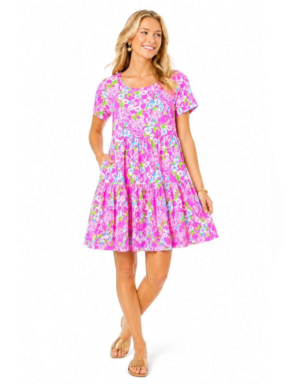 Lilly Pulitzer Pink Floral Tiered Dress XS Preppy Coastal Resort
